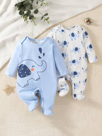 SHEIN 2st Nyfödd Enkel söt elefanttryck Vit & Blå Långärmad och benfotad Romper Sleepwear Set