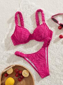 Swim Mod 2pcs/Set Women Springbreak Beach Wear Summer Outfits, Solid Color Floral Fabric Ruffle Thick Strap Steel Bra Cute Bikini Set
