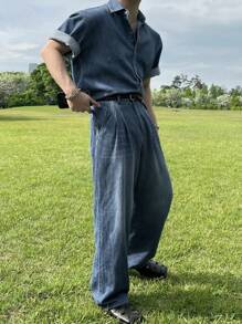 DAZY 夏季纯蓝色男士牛仔衬衫套装 - 藍色 - 查看 5