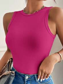 SHEIN VCAY Plus Size Solid Color Round Neck Sleeveless Casual Tank Top - Hot Pink - View 4