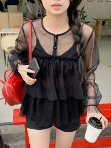 DAZY Women's Sweet Sheer Ruffle Trim A-Line Top