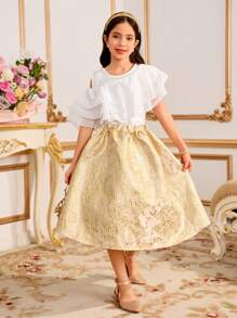 SHEIN 2pcs Tween Girls Solid Color Round Neck Simple Top And Skirt Set - Green - View 1
