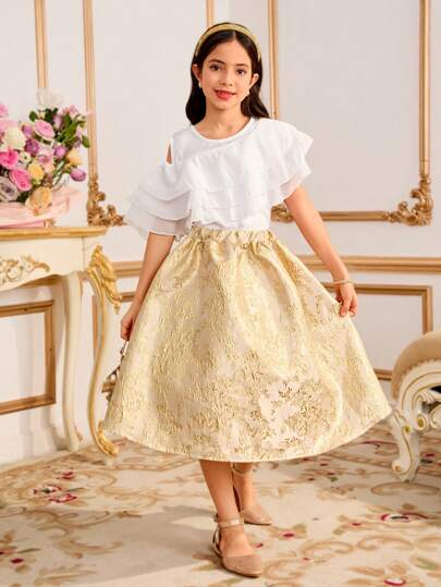 SHEIN 2pcs Tween Girls Solid Color Round Neck Simple Top And Skirt Set