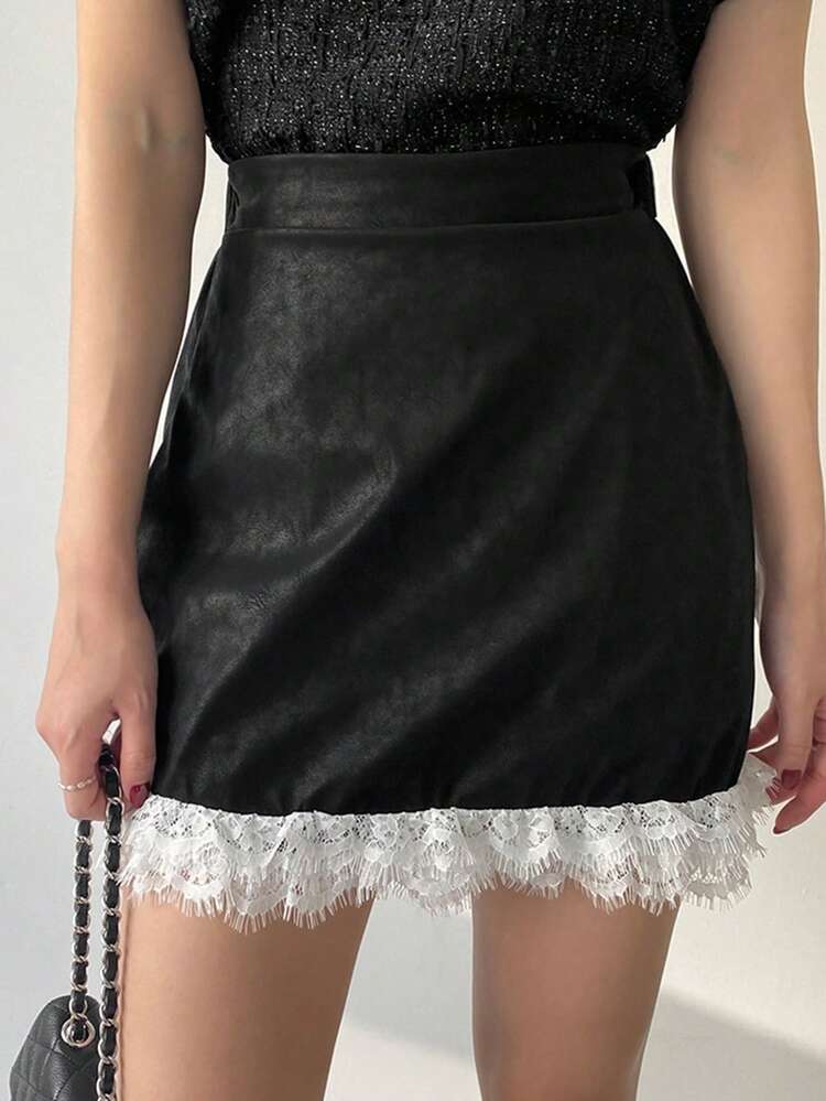 Women's Contrast Lace Bodycon Mini Skirt, Black, All Season Fall Skirts Leather Skirts