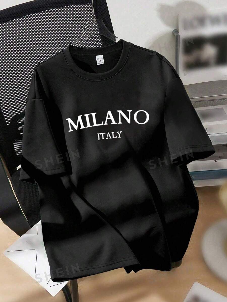 SHEIN EZwear Camiseta de manga corta de cuello redondo de ajuste holgado con estampado de Milán, de verano para mujer