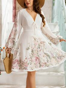 SHEIN Clasi Plus Size Women Floral Print V-Neck Lantern Sleeve Cooling Dress, Elegant Fashion Long Gown For Vacation, Early Spring, Stress Relief Outfit