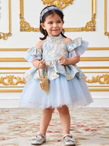 SHEIN Baby Girl Halter Neck Cold Shoulder Ruffle Hem Jacquard Spliced Mesh Panel Dress - Blue - View 1