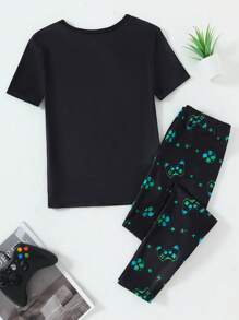 SHEIN 青少年男孩游戏机图案短袖上衣和紧身裤套装，荧光色游戏机印花，黑色紧身衣