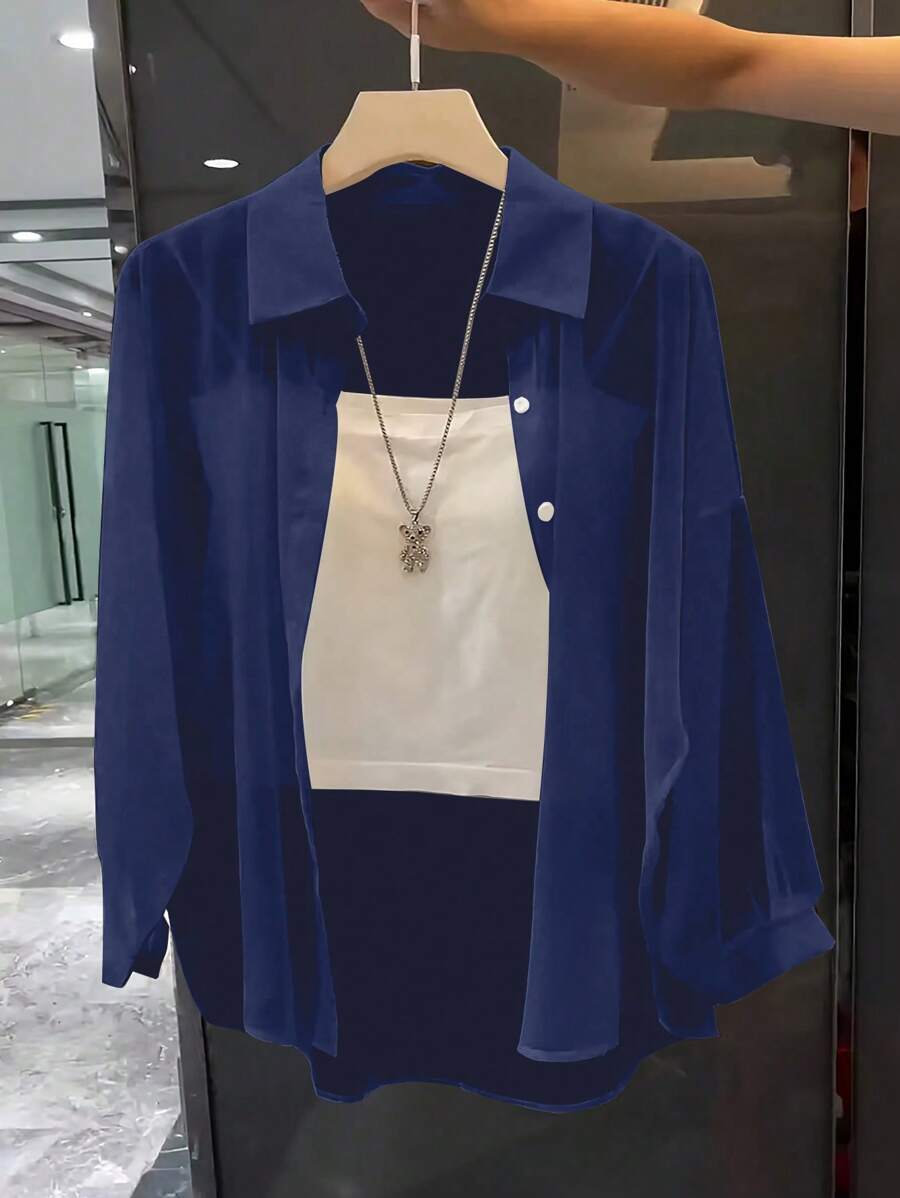 SHEIN Franclia Navy Blue Transparent Shirt: Minimalist Button-Up Collared Long Sleeve Blouse For Women Fall Cloth For Women - Blue - View 1