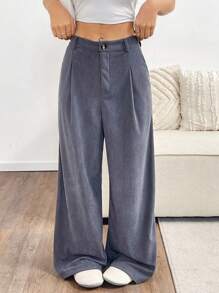 SHEIN Unity Pantalones de pierna ancha plisados con textura de rayas en gris oscuro - Gris Oscuro - Ver 1