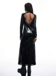 LYSMO Fashionable Shiny Sequin Dress - Black - View 2