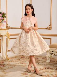 Tween Girls Elegant Champagne Summer Wedding Dress,Sweet Ruffled Trim Plaid Patchwork Color Block Fashion,Comfortable Soft Fabric For Party School - Black and White - View 4