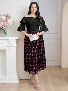 Mulvari Conjunto de 2 piezas de talla grande elegante, con blusa de hombros descubiertos y falda estampada con flores, ideal para verano - Multicolor - Ver 5