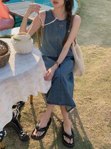 DAZY 女士无袖休闲长款牛仔连衣裙 - 藏蓝色 - 查看 7