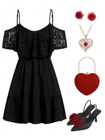 Ellevyn Frühling und Sommer, Valentinstag, elegantes Damen Kleid in Schwarz mit Spitze, Rüschen und geraffter Taille in A-Linie, Kleid mit Rüschenträgern und Off-Shoulder Ausschnitt, Outfit für Abendveranstaltungen