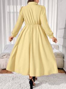 SHEIN Unity 大码优雅时尚休闲/工作装长袖褶皱领连衣裙，红色新年服装长款女装