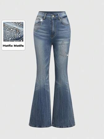 Kawaii Jeans a zampa eleganti e sensuali nello stile Y2K, pantaloni lunghi in denim vintage lavato con decorazioni di strass e farfalla, pantaloni in denim estivi da donna