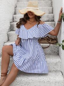 SHEIN VCAY Plus Size Boho Cold Shoulder Short Sleeve Striped Dress, For Summer - Multicolor - View 7