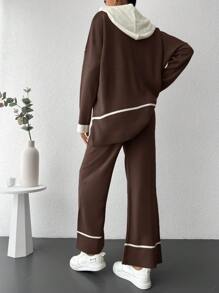 EURMUSE 2pcs Women Solid Color Patchwork Long Sleeve Hoodie Sweatshirt And Pants Set, Minimalist Style - Brown - View 2