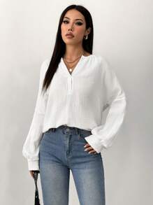 SHEIN Unity Lässiges, weites Hemd mit Laternenärmeln, minimalistischer Stil für den Herbst - Weiss - Übersicht 3