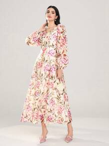 Modelyn Women's Floral Print Square Neck Lantern Sleeve Long Dress, Elegant - Multicolor - View 4