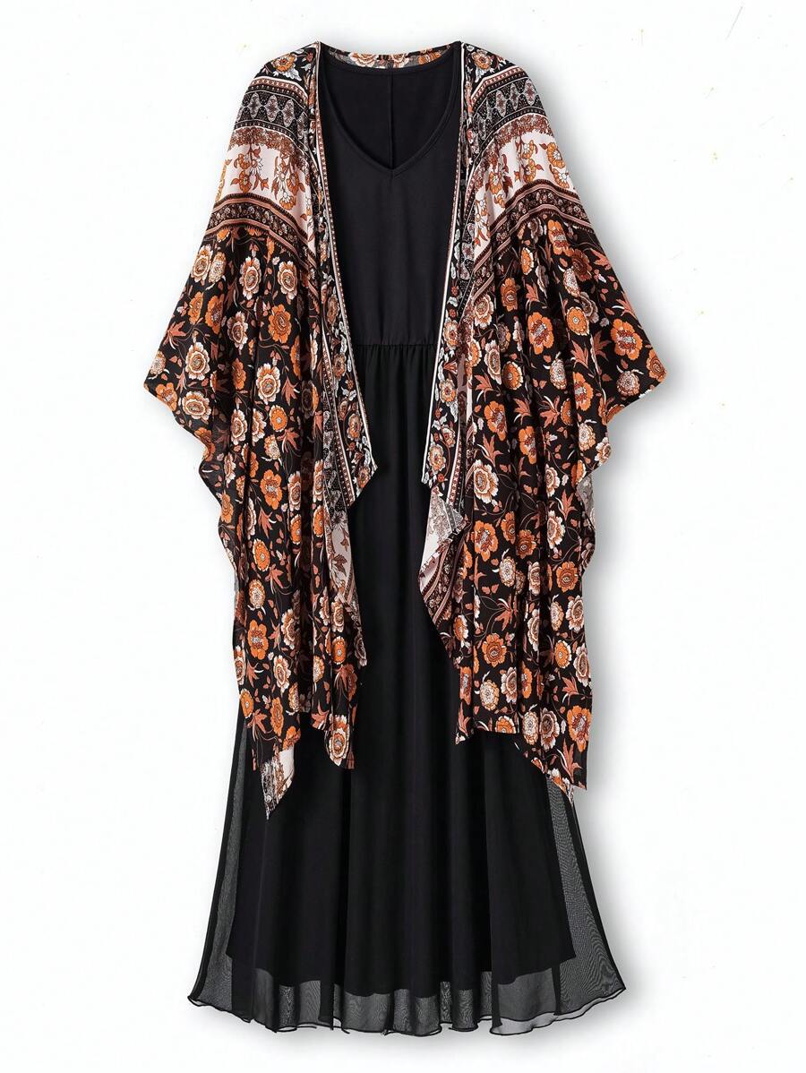 Rusticease 大码女式乡村度假印花拼接简约海滩和服夹克和黑色连衣裙两件套