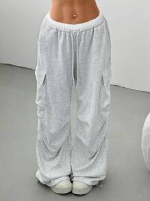 SHEIN EZwear Women's Solid Color Patchwork Front Tie Pocket Simple Casual Sweatpants - Grey - View 3