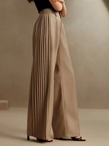 Anewsta 女式褶皱优雅都市阔腿裤，复古风，端庄，春夏 - 杏色 - 查看 1