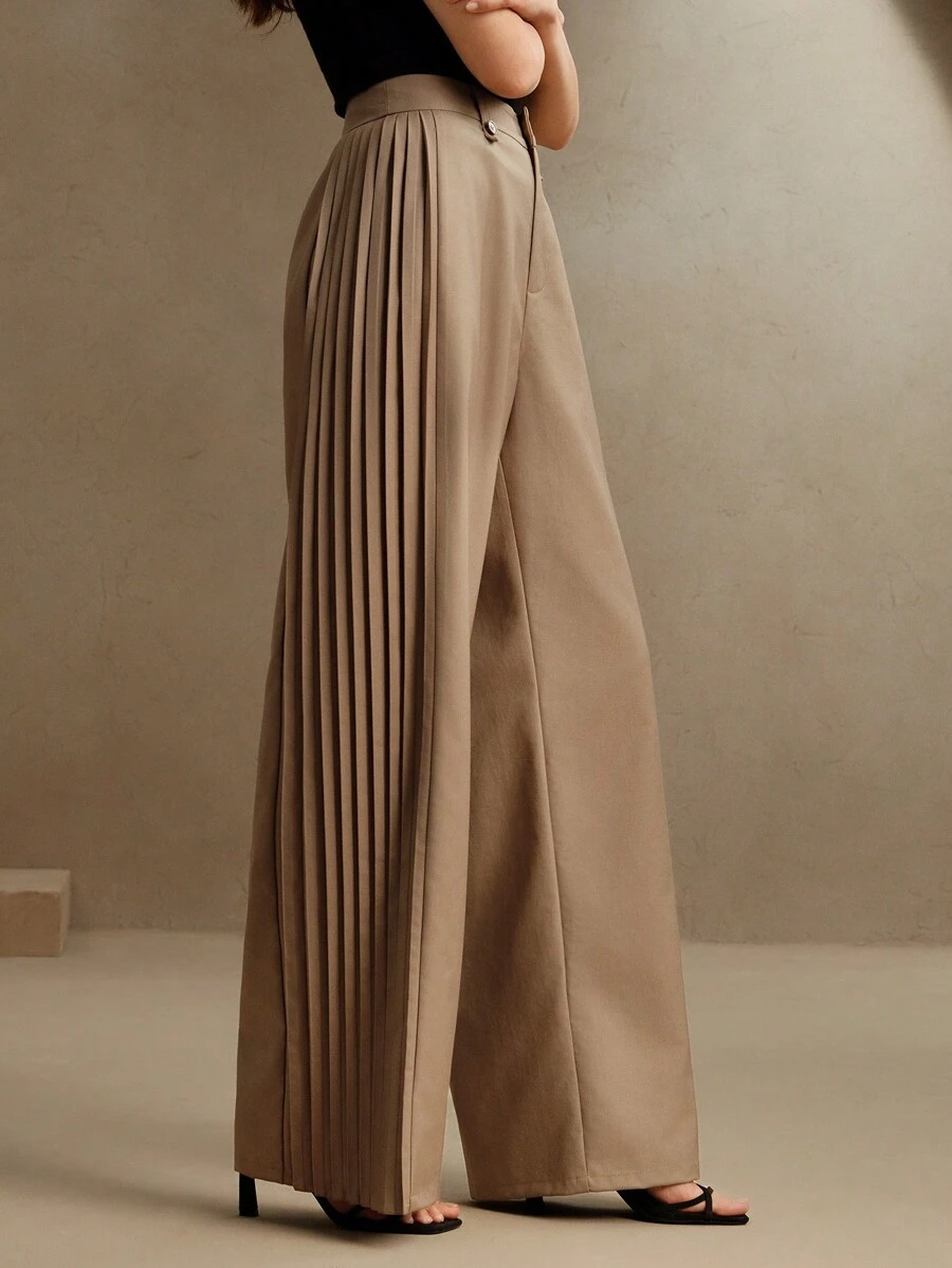 Anewsta 女式褶皱优雅都市阔腿裤，复古风，端庄，春夏 - 杏色 - 查看 1