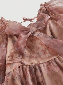 SHEIN MOD 大码卡其色小狗和粉色花卉印花泡泡袖芭蕾舞裙配领结装饰 - 彩色 - 查看 3