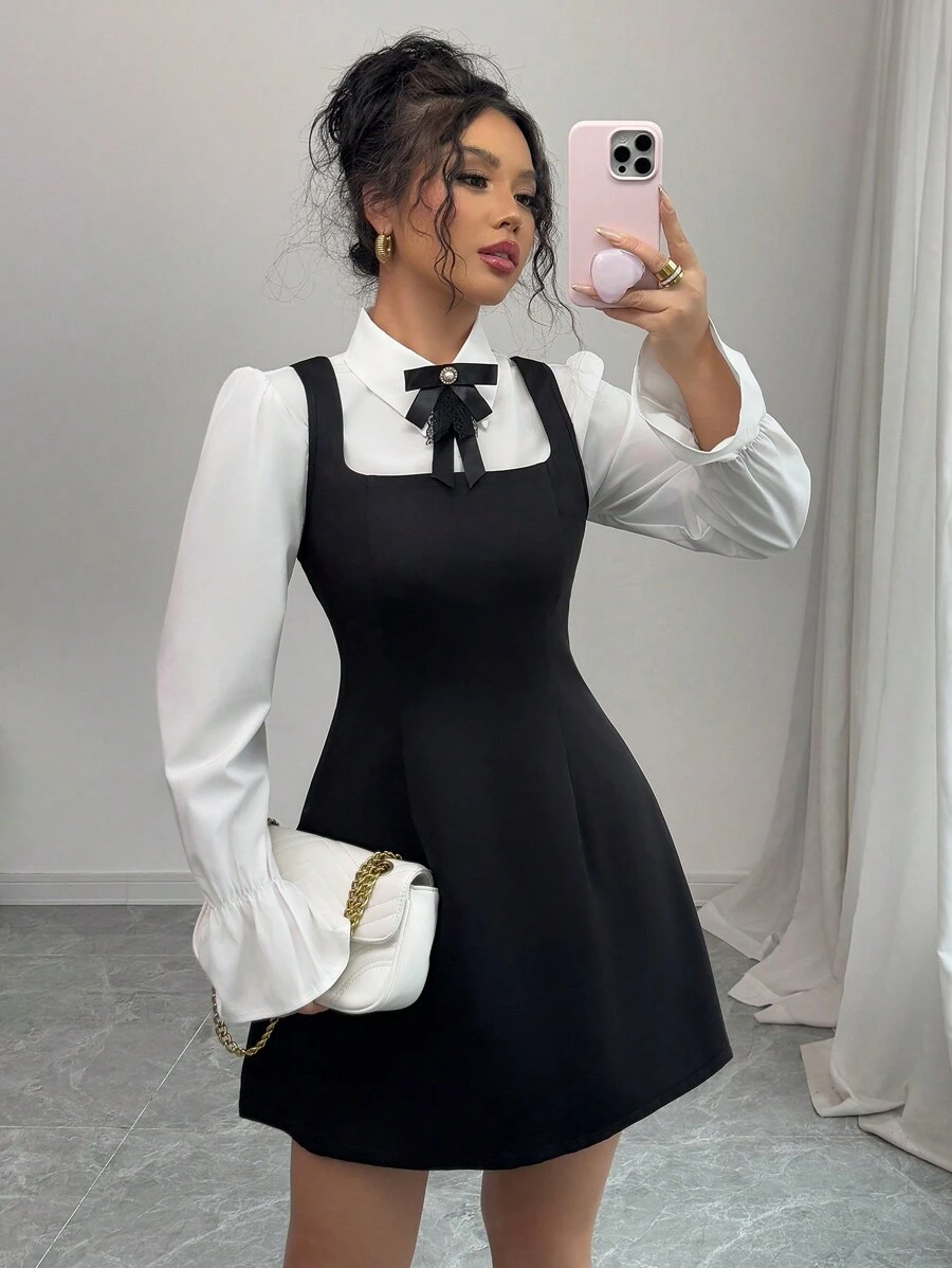 Elenzga 2 件套女士优雅衬衫裙套装 - 黑色 - 查看 1