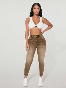 SHEIN PETITE Pantalones vaqueros casuales ajustados con bolsillo delantero y abotonados para mujer