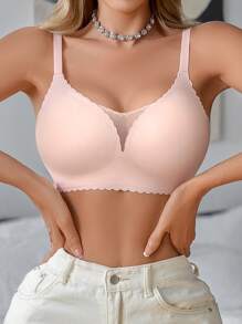 1pc Casual-Comfy Seamless Mesh Patchwork Solid Color Ruffled Adjustable Wireless Removable Padded Bra - Baby Pink - View 3