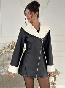 Firerie 蓬松领 PU 复合材料保暖内衬连帽夹克，配有腰部收紧和 A 字裙，优雅时尚冬季服装 - 黑色 - 查看 1