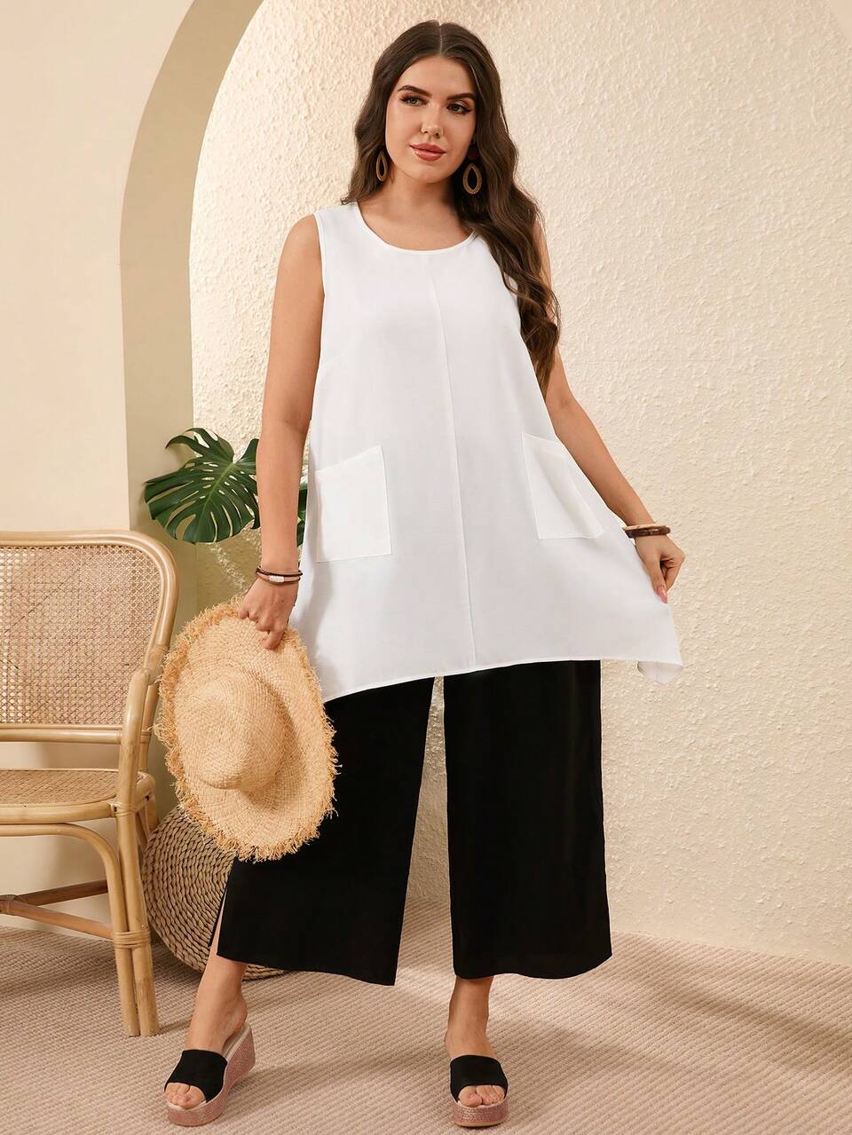 2pcs Plus Size Women's Solid Linen Camisole And Wide Leg Pants Set,Black And White,Summer,Elegant,Smart Casual,Vacation Western Boho Country Outfits