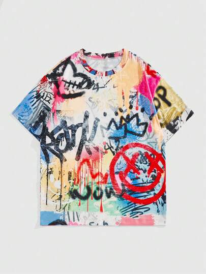 Street Life Camiseta de manga corta de cuello redondo informal con estampado de letras de grafiti callejero para hombres