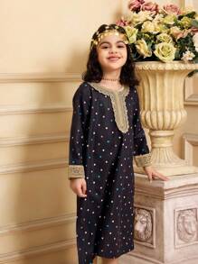 Young Girls ' Ramadan Long Sleeve Dress, Round Neck Gold Lace Colorful Polka Dot Print Long Robe - Black - View 3