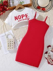 Tween Girl "NOPE" Print White Cropped T-Shirt & Red Slip Dress 2 Pieces Set - Multicolor - View 1