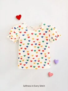 Cozy Pixies Parte superior con cuello redondo suave de manga abombada para niñas pequeñas con estampado colorido de corazones del Día de San Valentín - Azul - Ver 1