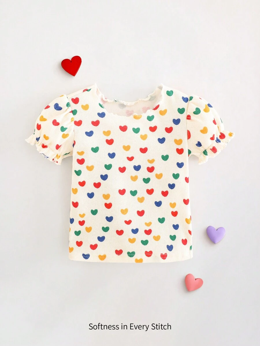 Cozy Pixies Parte superior con cuello redondo suave de manga abombada para niñas pequeñas con estampado colorido de corazones del Día de San Valentín - Azul - Ver 1