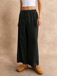 SHEIN Frenchy Knot Waist Palazzo Trousers - Black - View 8
