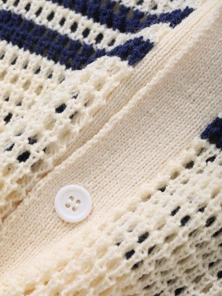 Asymmetrical Striped Hollow Out Lightweight Cardigan Sweater For Men, Summer