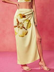 Oxana 设计师浅黄色花卉印花高腰侧褶奶油黄美人鱼裙，情人节，节日 - 彩色 - 查看 2