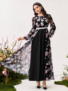 Modelyn 女士纯色拼布圆领长袖休闲连衣裙 - 黑色 - 查看 5