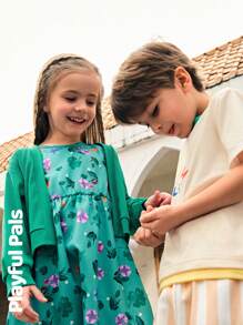 SHEIN 2 件套年轻女孩时尚可爱提花针织面料褶皱袖口夹克和不对称荷叶边下摆无袖印花连衣裙套装 - 彩色 - 查看 8