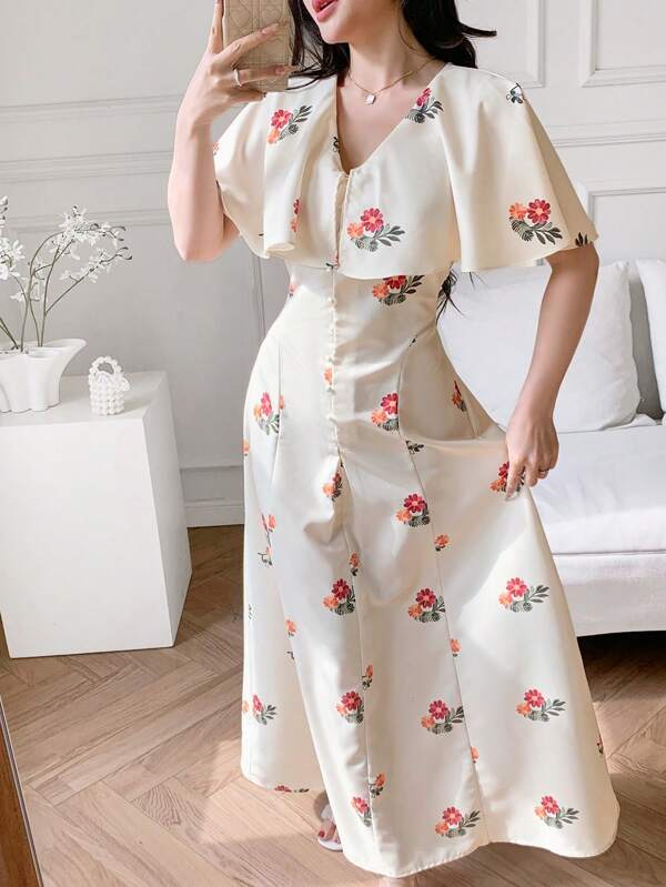 Feyla Women's Floral All-Over Print Short Sleeve Simple & Elegant Long Dress