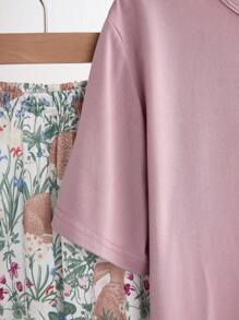 2 pezzi/set Ragazze adolescenti Set casual da casa con top in tinta unita e pantaloni con motivo floreale, manica corta e pantaloni lunghi