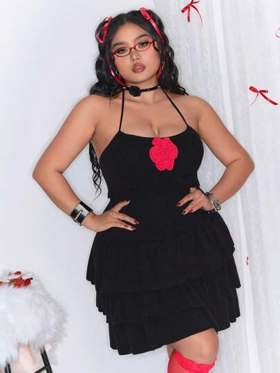 Kawaii Vestido de suéter con cuello de volantes de varios niveles y detalles de rosa, estilo vintage y sexy, adecuado para el Día de San Valentín, talla grande