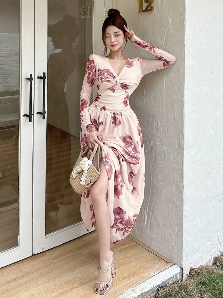 Women's V-Neck Floral Print Long Dress, Pink, Spring/Fall Long Sleeve Dress Boho