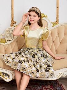Set de 2 piezas de camiseta con mangas de cuerno dorado y falda con estampado barroco dorado para niñas preadolescentes, para primavera/verano - Dorado - Ver 3